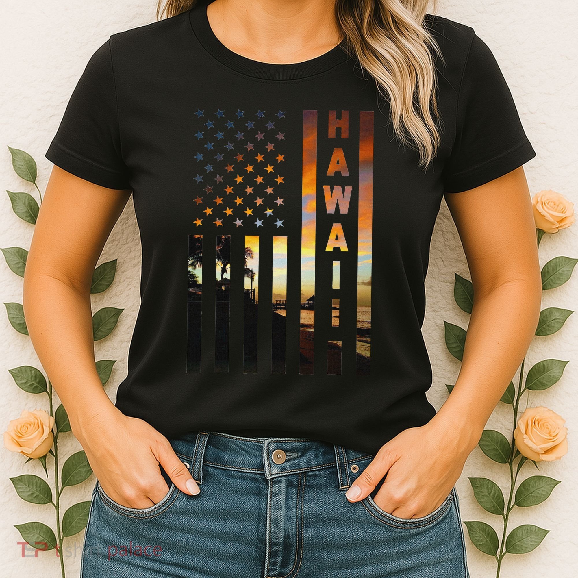 Hawaii Sunset American Flag Honolulu Hawaiian Island Women's T-Shirt