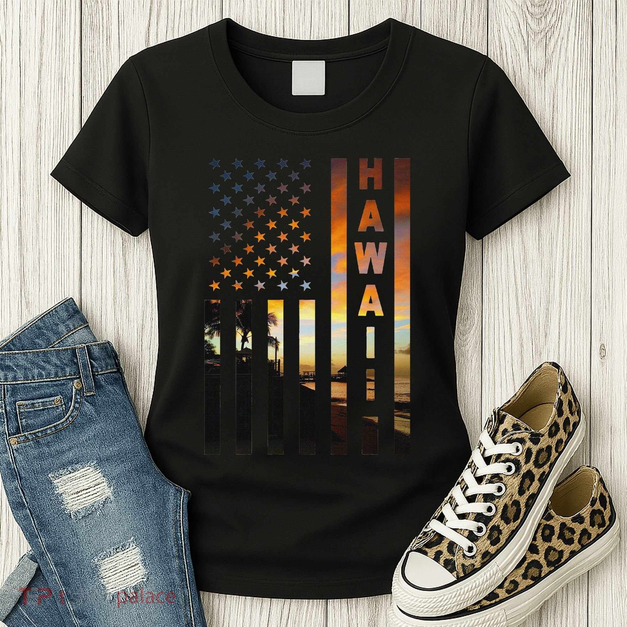 Hawaii Sunset American Flag Honolulu Hawaiian Island Women's T-Shirt