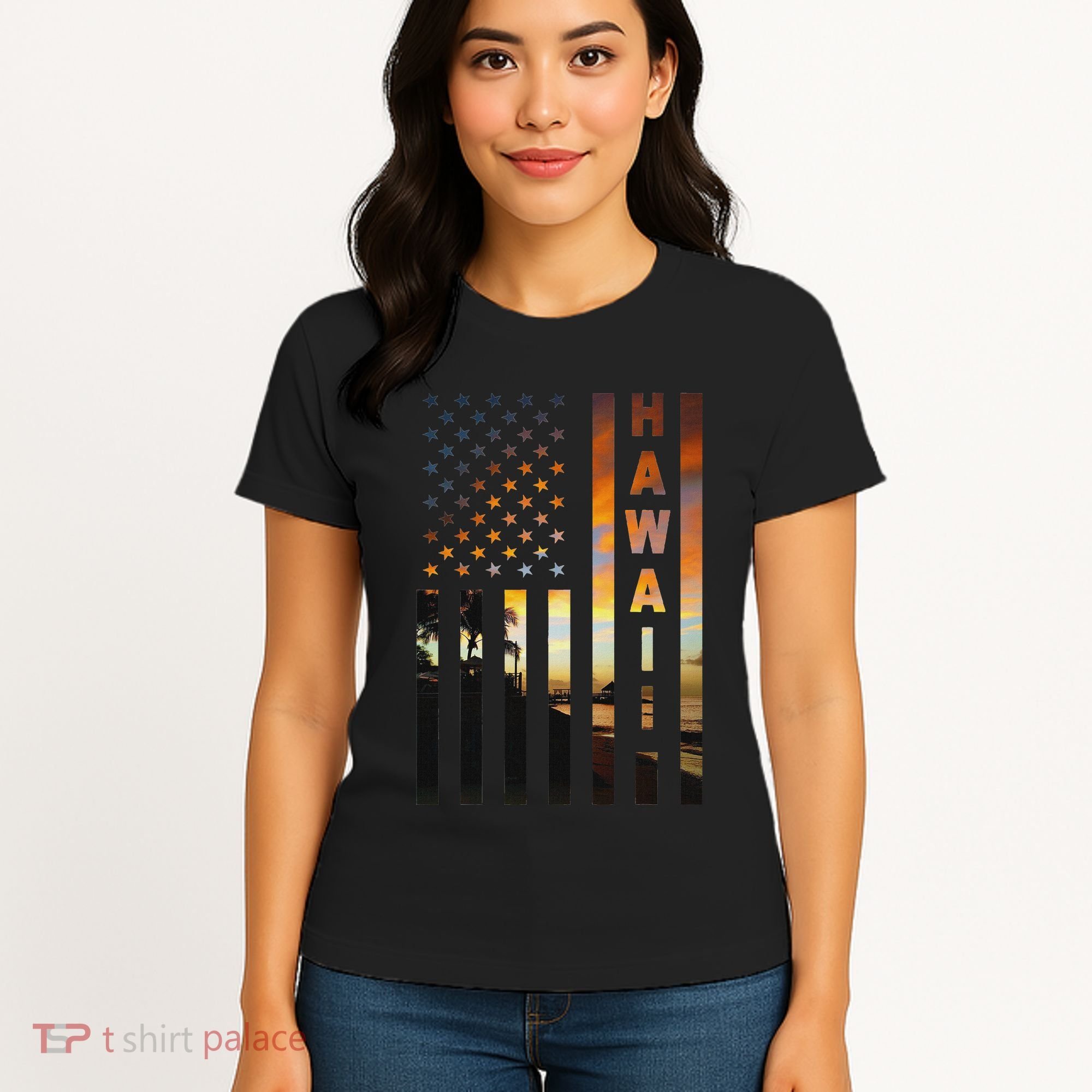 Hawaii Sunset American Flag Honolulu Hawaiian Island Women's T-Shirt