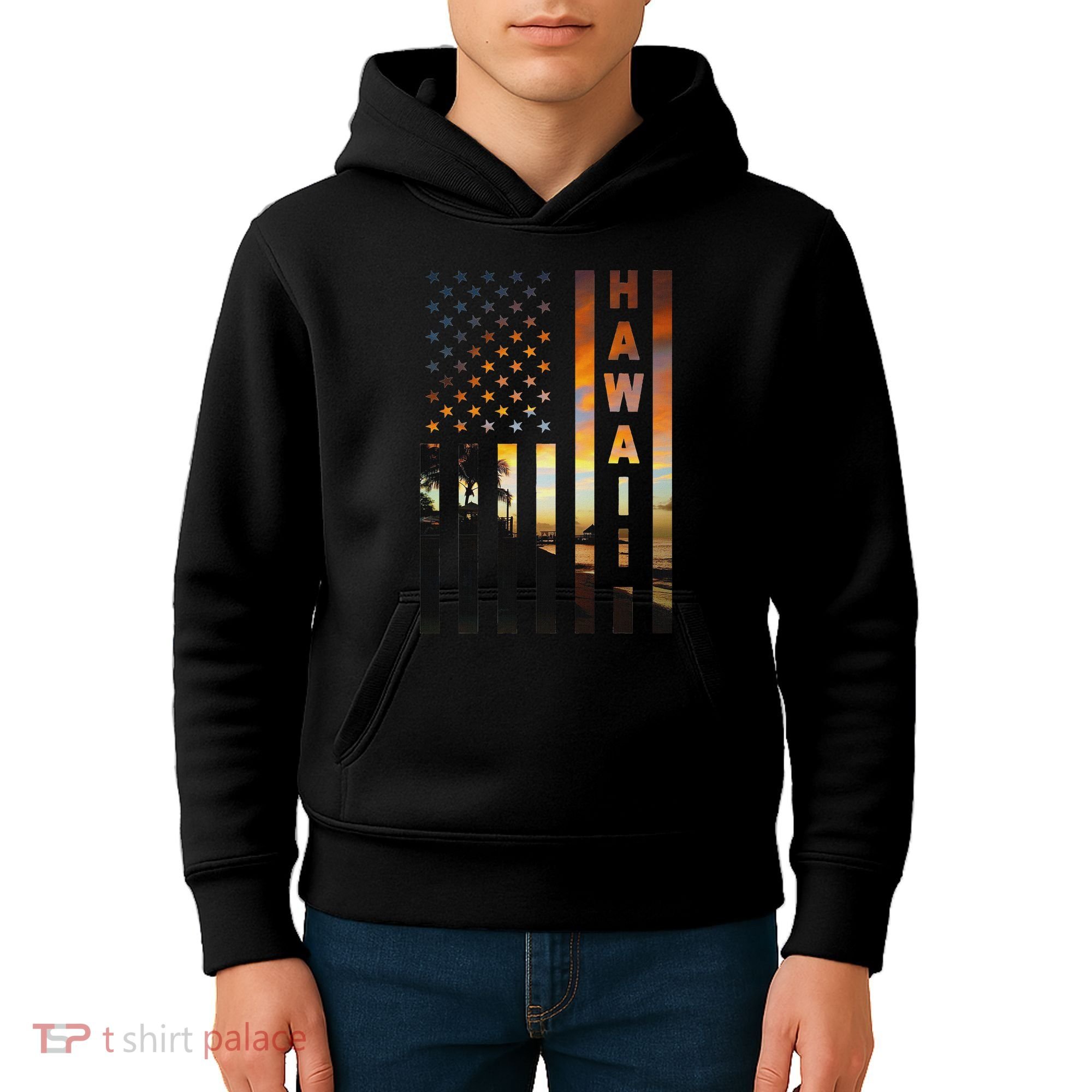 Hawaii Sunset American Flag Honolulu Hawaiian Island Kids Hoodie