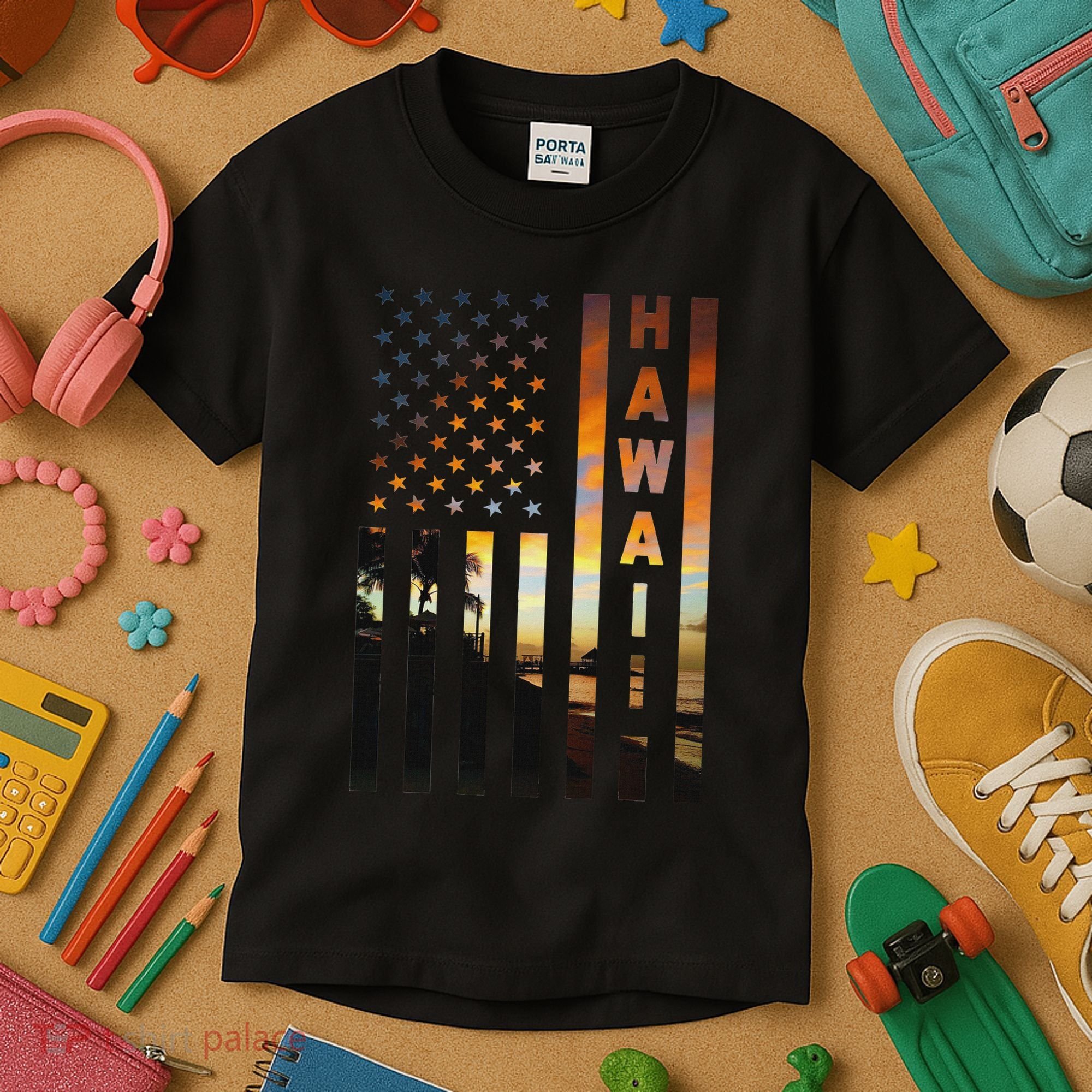 Hawaii Sunset American Flag Honolulu Hawaiian Island Kids T-Shirt