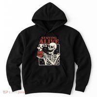 Halloween Staying Alive Skeleton Drink Coffee Funny Skeleton Hoodie thumb 0