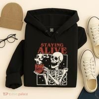 Halloween Staying Alive Skeleton Drink Coffee Funny Skeleton Hoodie thumb 4