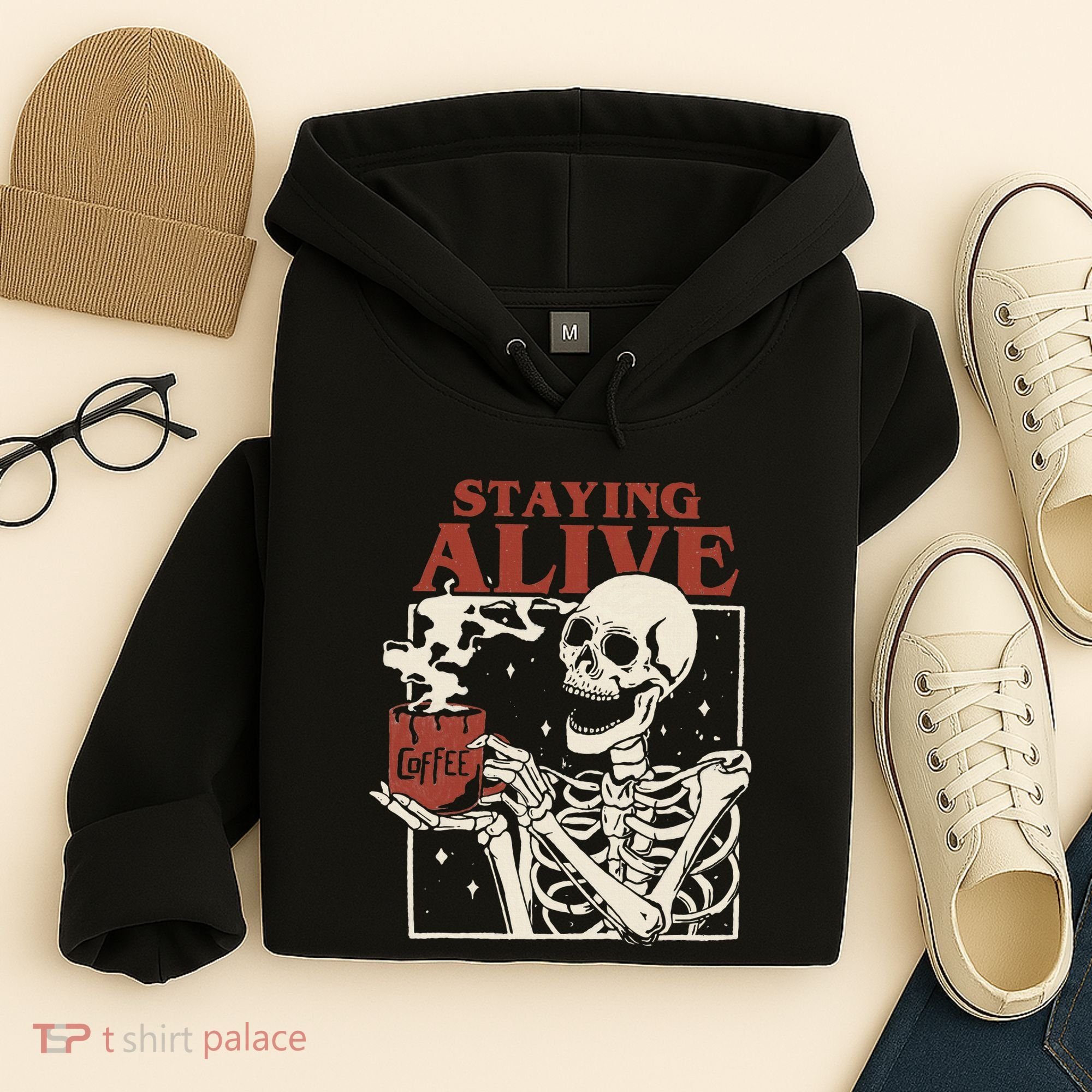 Halloween Staying Alive Skeleton Drink Coffee Funny Skeleton Hoodie