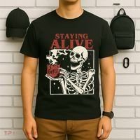 Halloween Staying Alive Skeleton Drink Coffee Funny Skeleton T-Shirt thumb 6