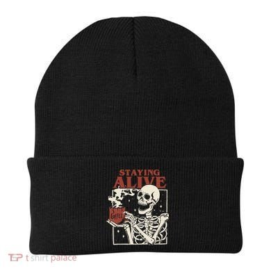 Halloween Staying Alive Skeleton Drink Coffee Funny Skeleton Beanie