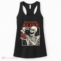 Halloween Staying Alive Skeleton Drink Coffee Funny Skeleton Women's Tank Top thumb 0