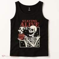 Halloween Staying Alive Skeleton Drink Coffee Funny Skeleton Tank Top thumb 2