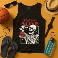 Halloween Staying Alive Skeleton Drink Coffee Funny Skeleton Tank Top thumb 4