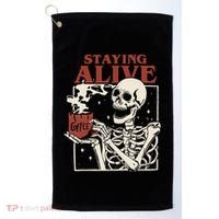 Halloween Staying Alive Skeleton Drink Coffee Funny Skeleton Golf Towel thumb 0
