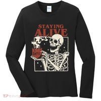 Halloween Staying Alive Skeleton Drink Coffee Funny Skeleton Women's Long Sleeve Shirt thumb 0