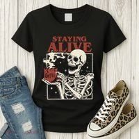 Halloween Staying Alive Skeleton Drink Coffee Funny Skeleton Women's T-Shirt thumb 3
