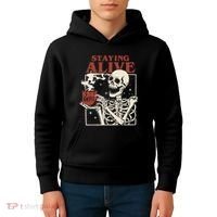 Halloween Staying Alive Skeleton Drink Coffee Funny Skeleton Kids Hoodie thumb 4