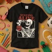 Halloween Staying Alive Skeleton Drink Coffee Funny Skeleton Kids T-Shirt thumb 3