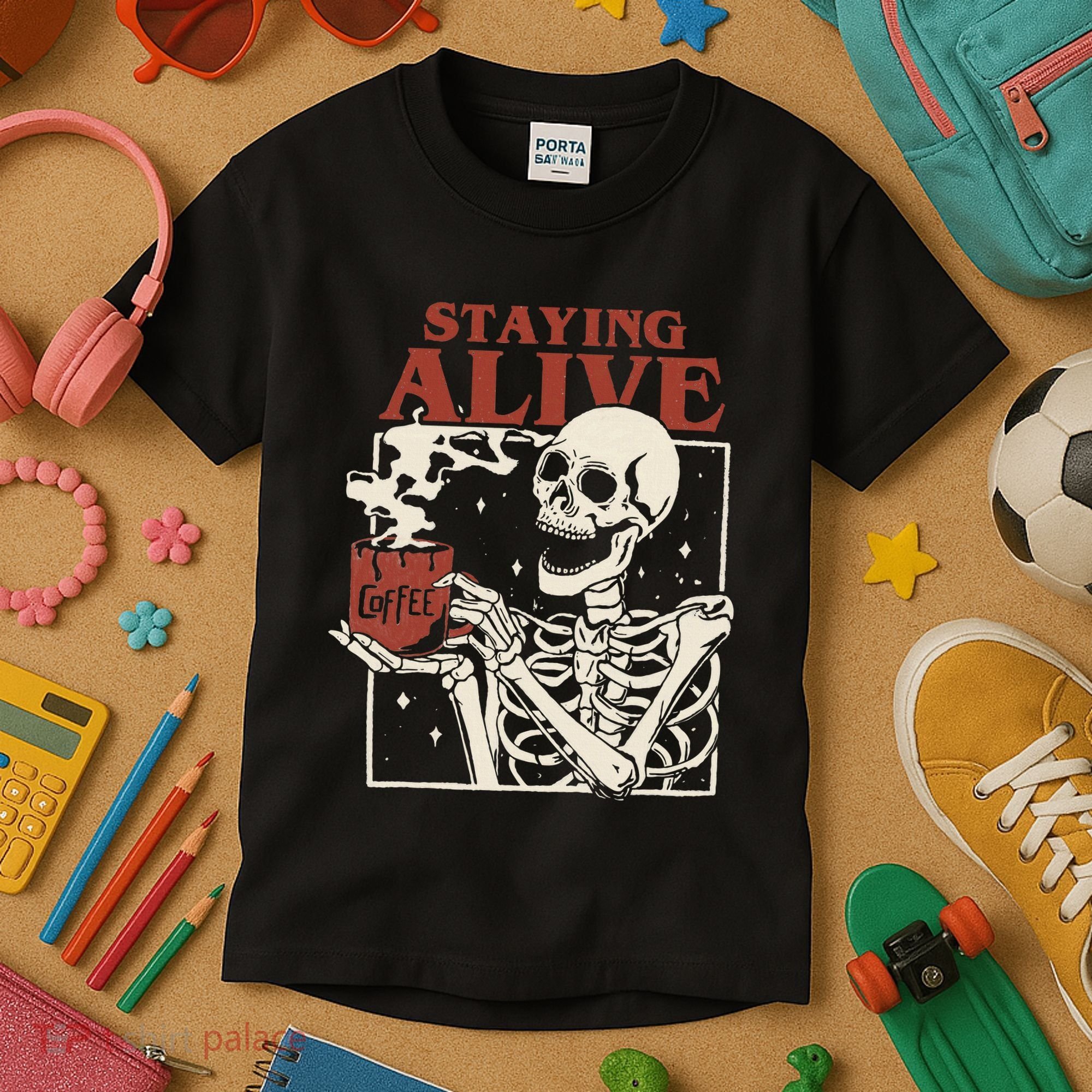 Halloween Staying Alive Skeleton Drink Coffee Funny Skeleton Kids T-Shirt