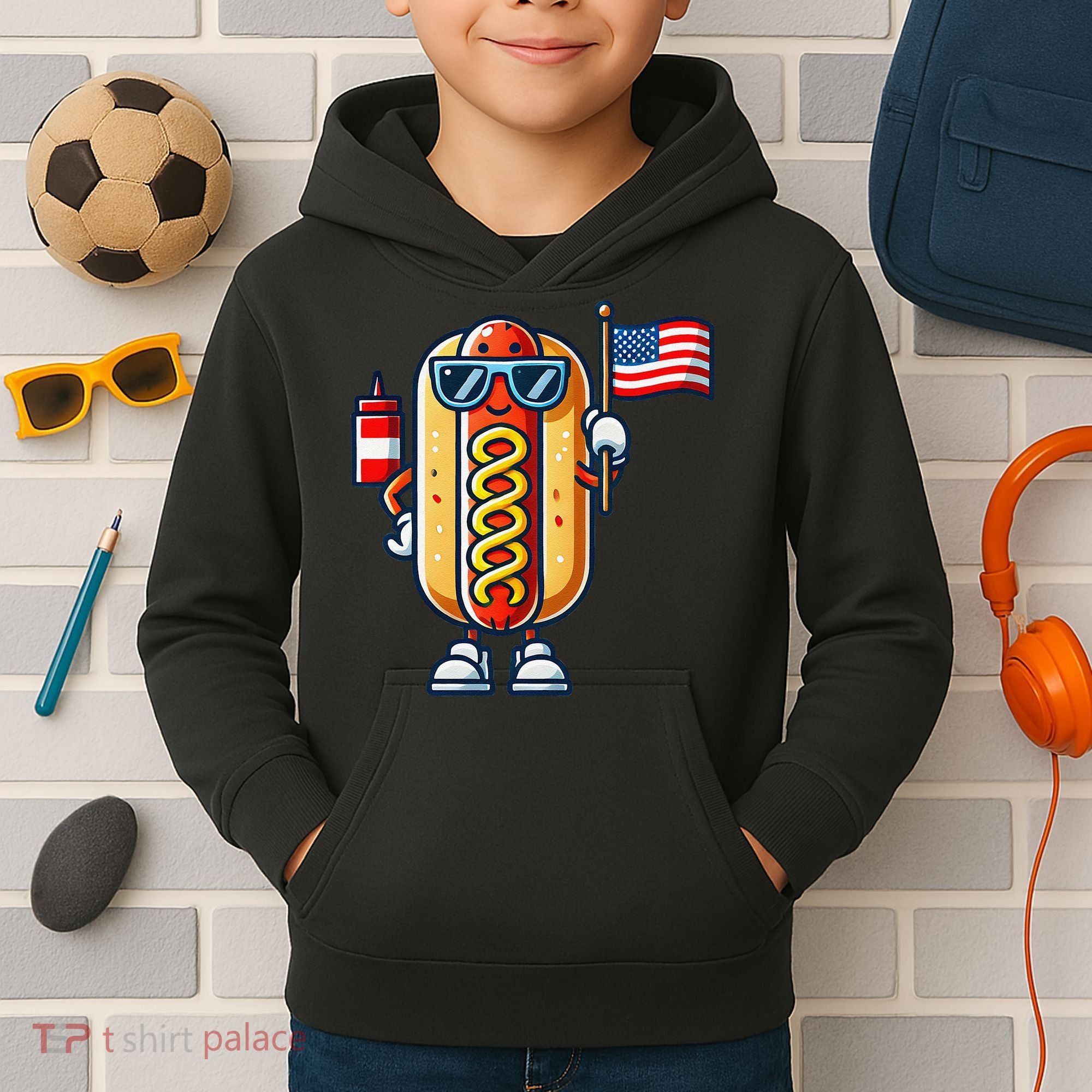 Hotdog Sunglasses American Flag Kids Hoodie