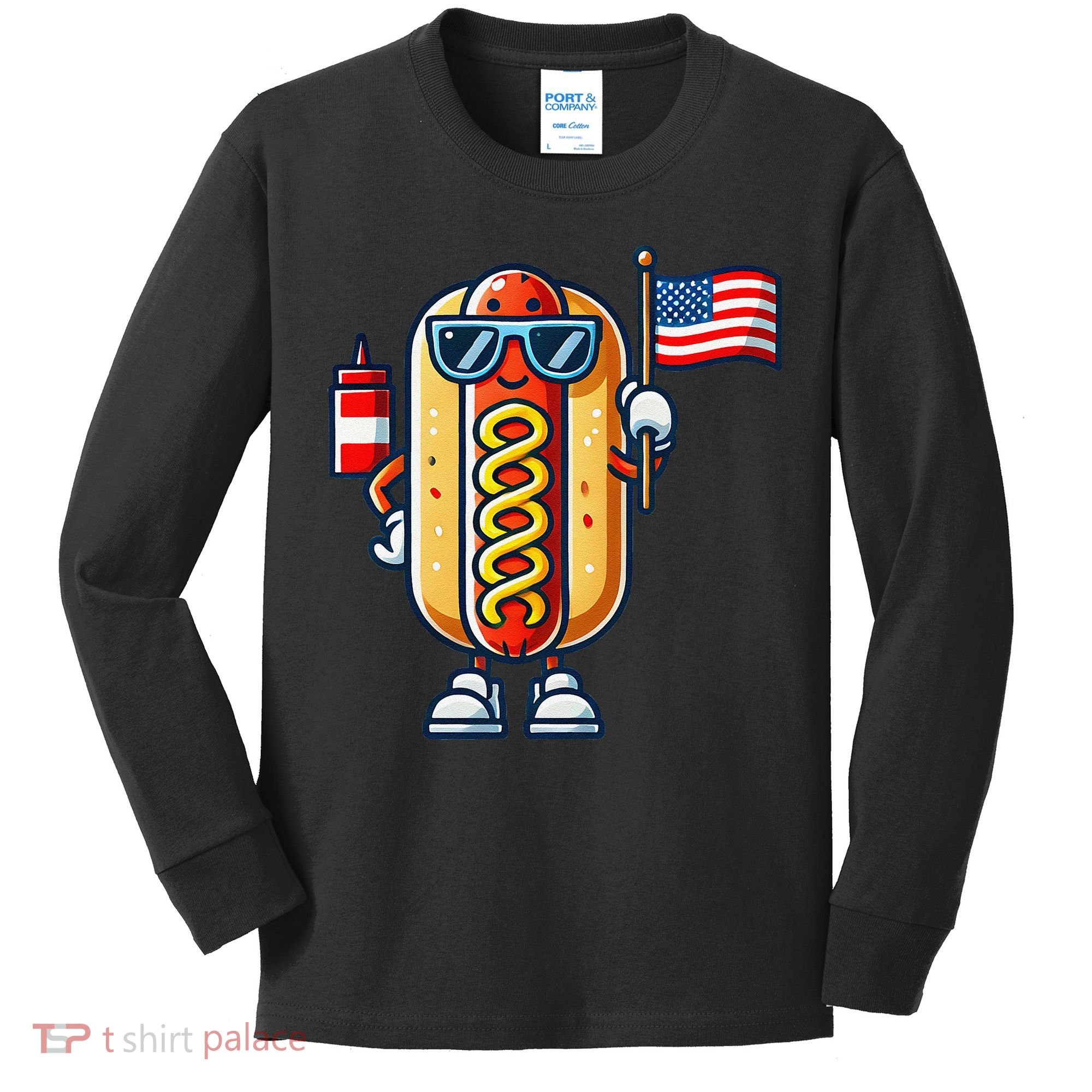 Hotdog Sunglasses American Flag Kids Long Sleeve Shirt