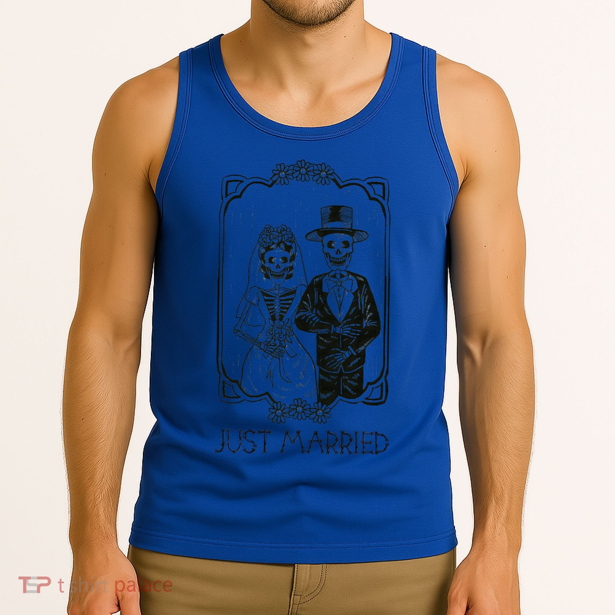 Halloween Skeletons Bride And Groom Just Married Funny Tank Top