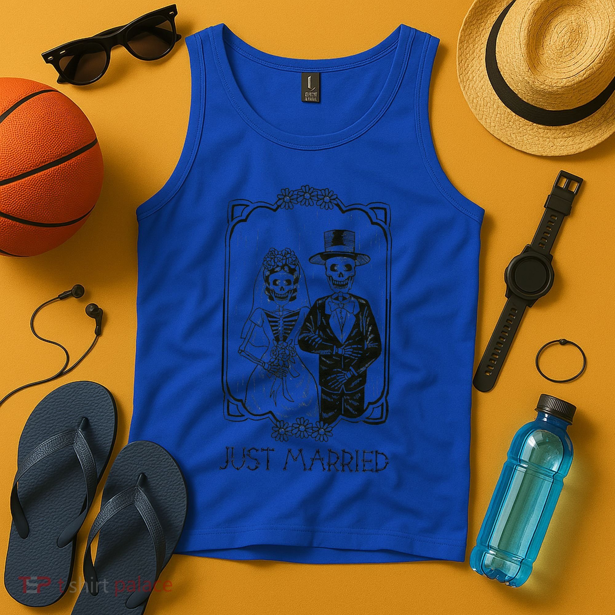Halloween Skeletons Bride And Groom Just Married Funny Tank Top