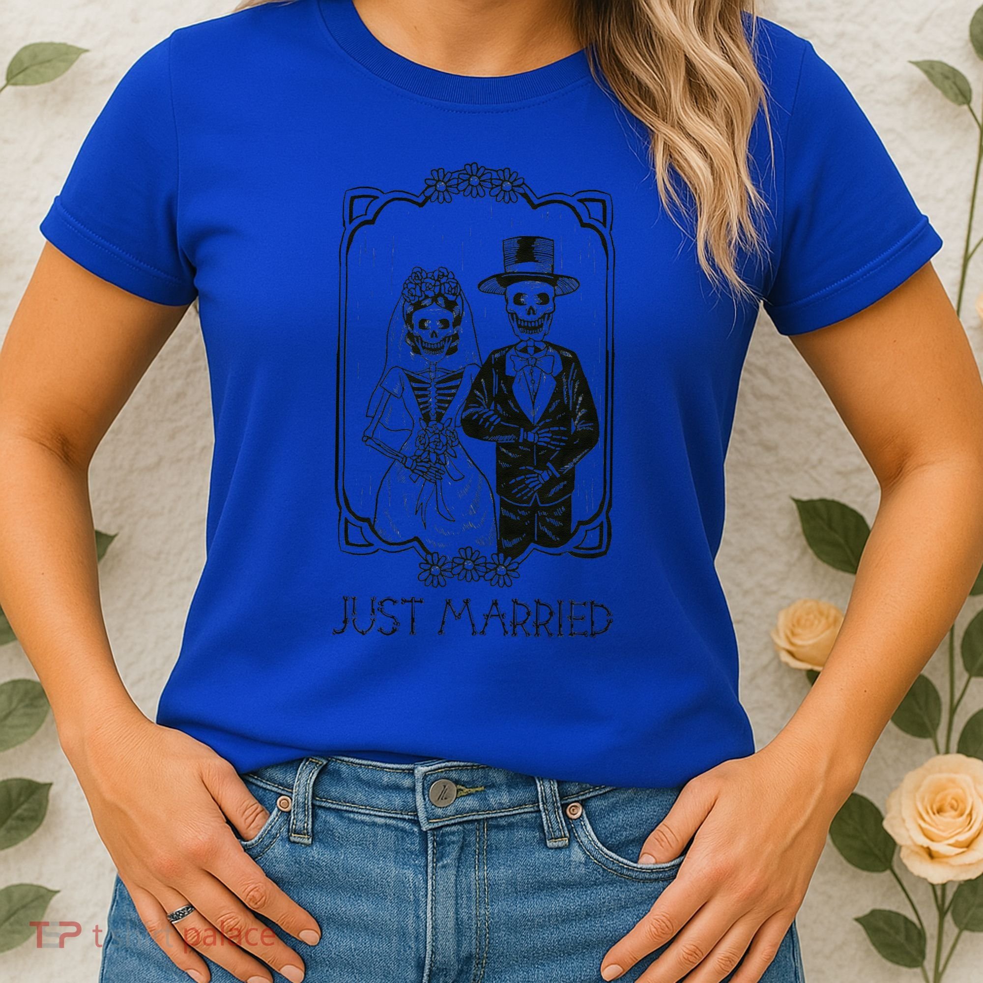 Halloween Skeletons Bride And Groom Just Married Funny Women's T-Shirt