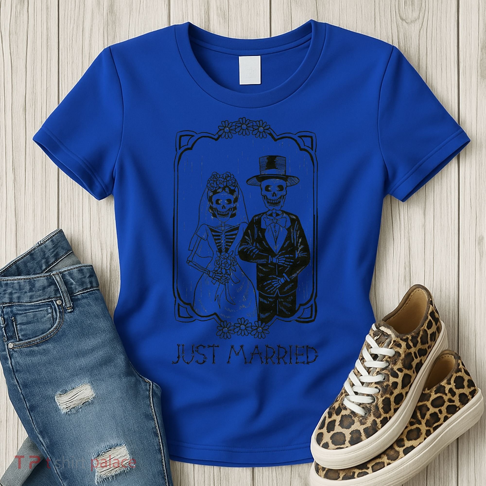 Halloween Skeletons Bride And Groom Just Married Funny Women's T-Shirt