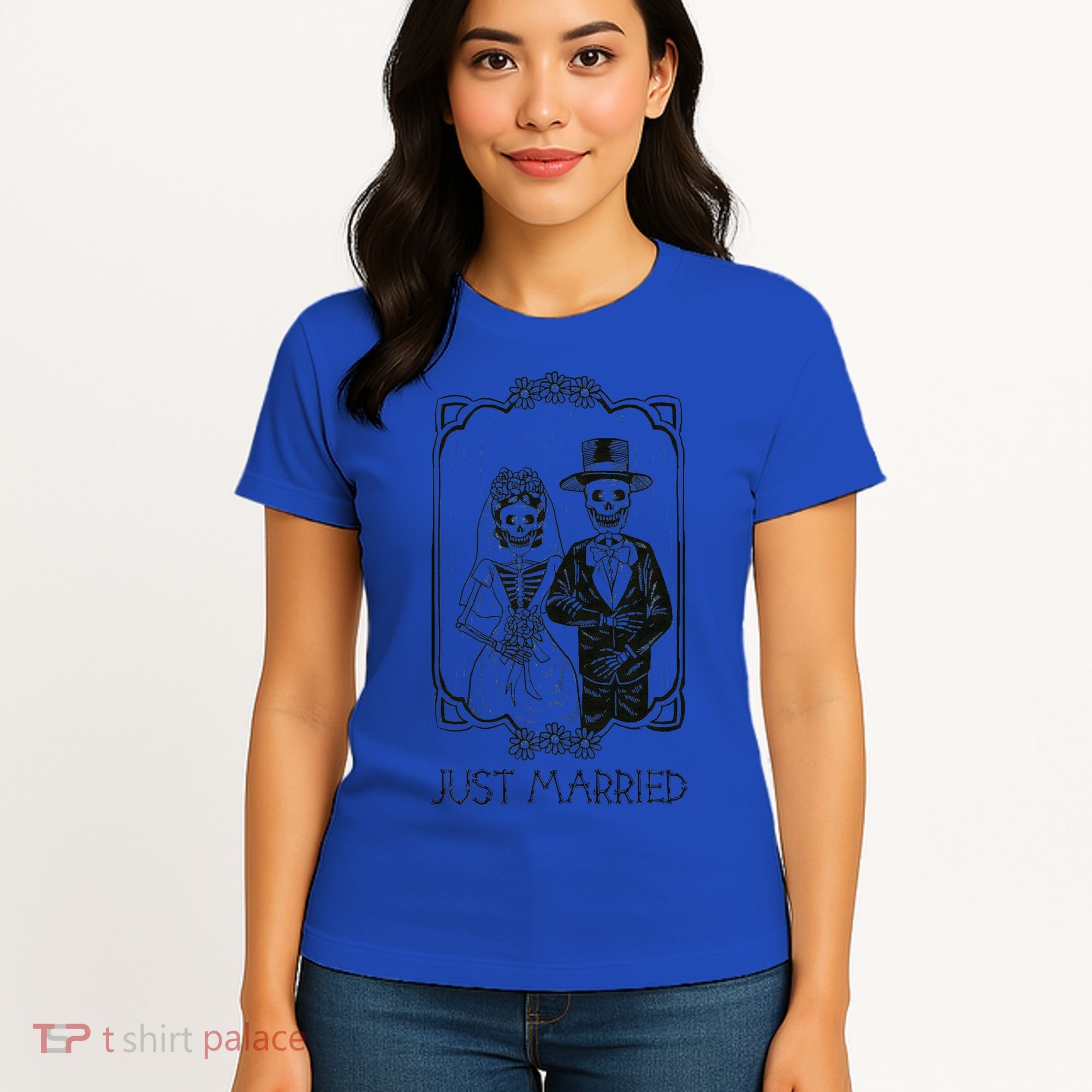 Halloween Skeletons Bride And Groom Just Married Funny Women's T-Shirt