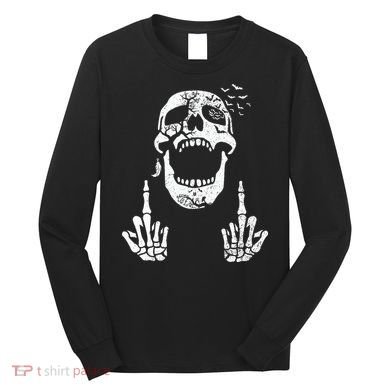 Halloween Skeleton Bones Middle Finger Skull Long Sleeve Shirt