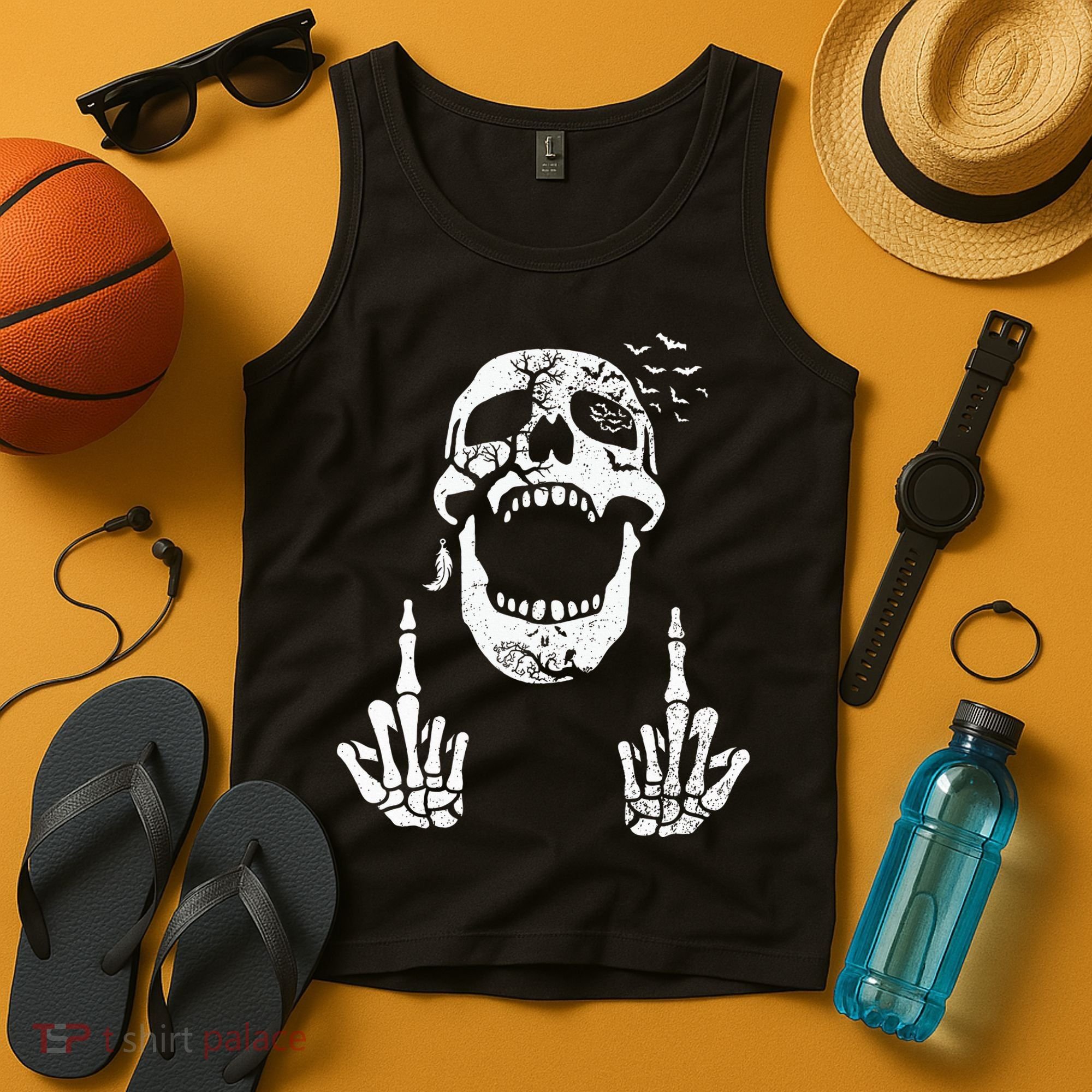 Halloween Skeleton Bones Middle Finger Skull Tank Top