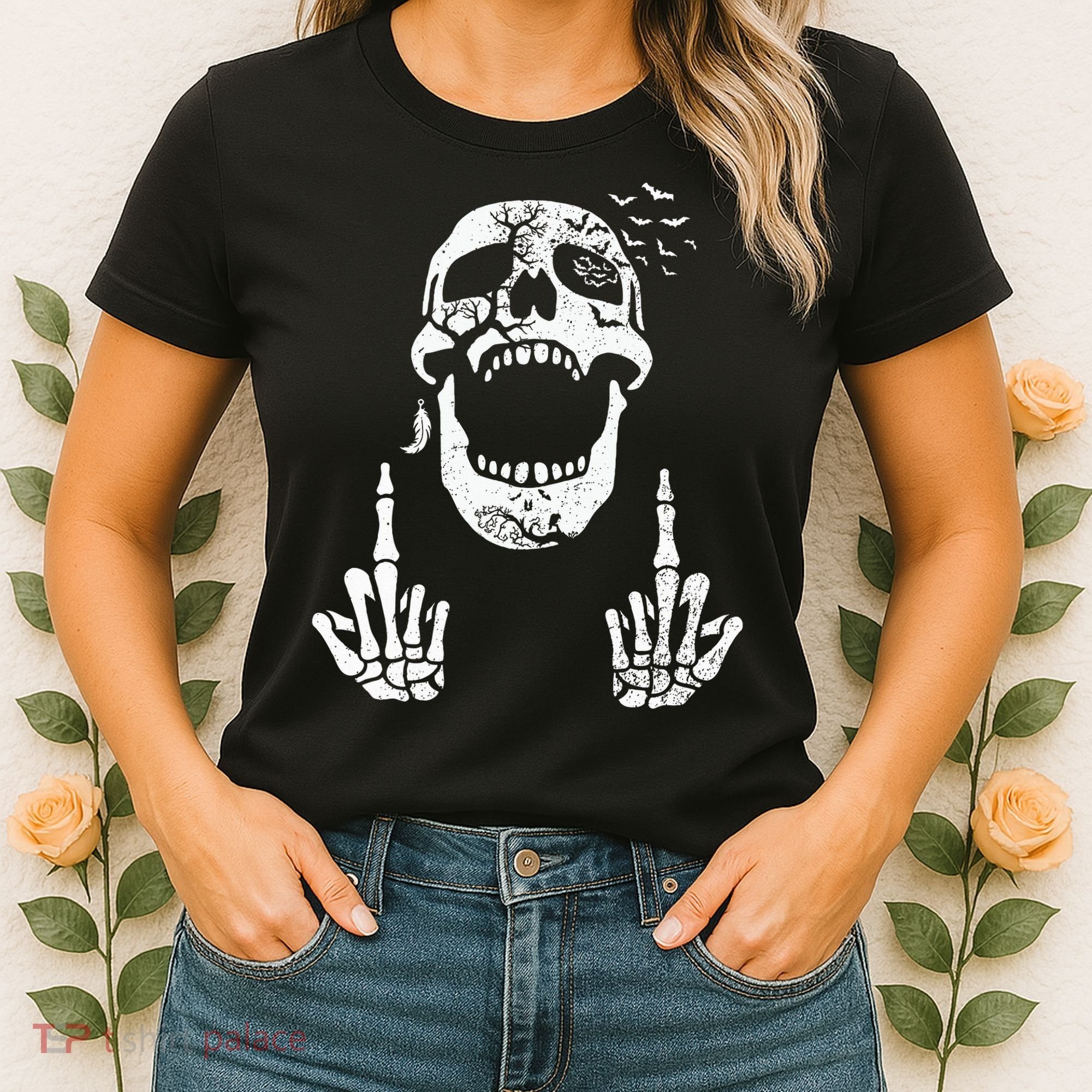 Halloween Skeleton Bones Middle Finger Skull Women's T-Shirt
