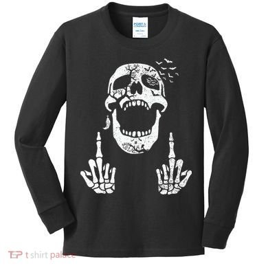 Halloween Skeleton Bones Middle Finger Skull Kids Long Sleeve Shirt