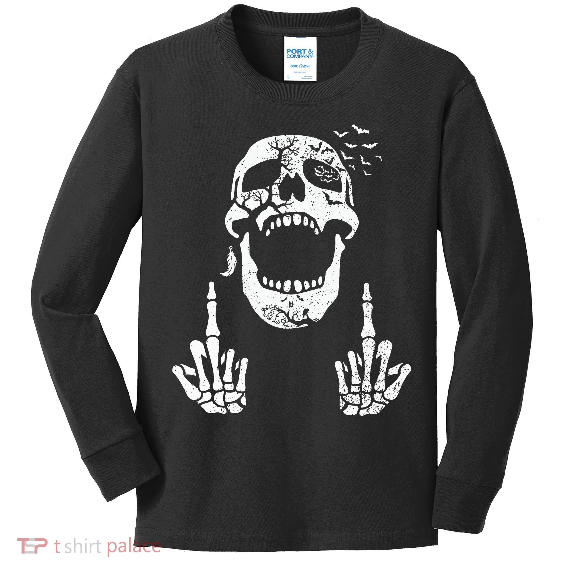 Halloween Skeleton Bones Middle Finger Skull Kids Long Sleeve Shirt