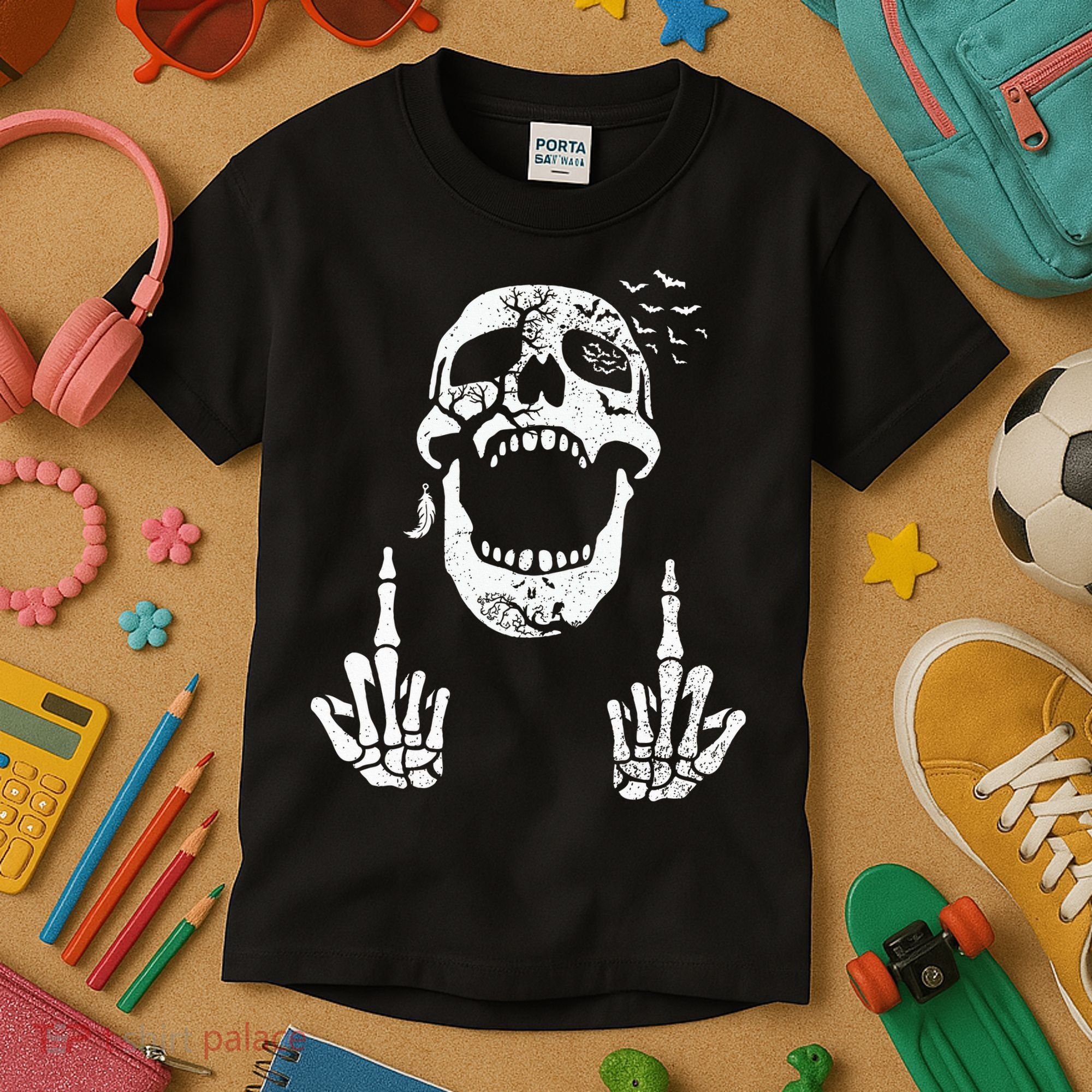 Halloween Skeleton Bones Middle Finger Skull Kids T-Shirt