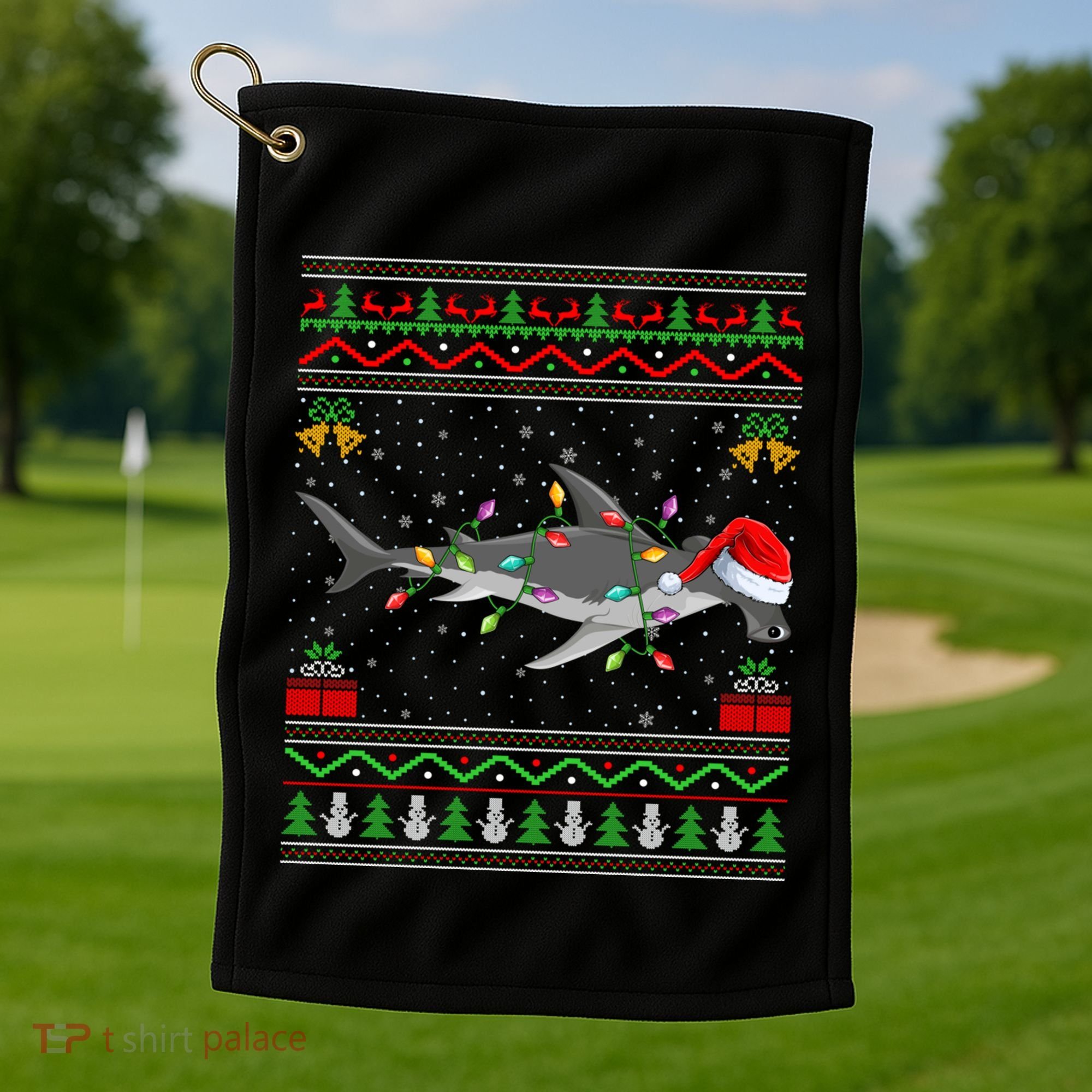 Hammerhead Shark Christmas Lights Santa Ugly Xmas Gift Golf Towel