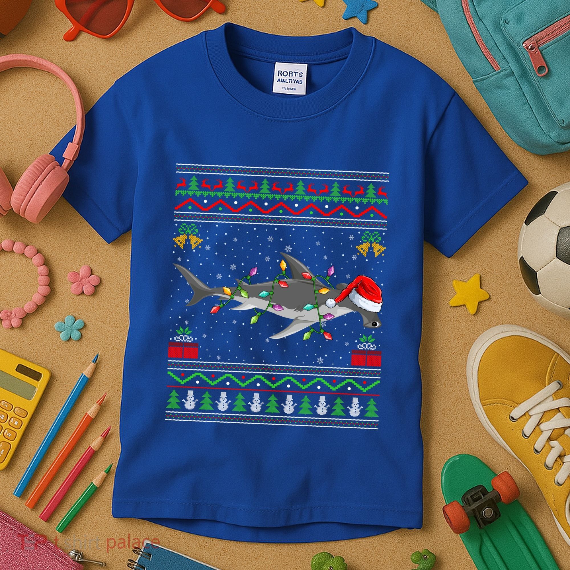 Hammerhead Shark Christmas Lights Santa Ugly Xmas Gift Kids T-Shirt