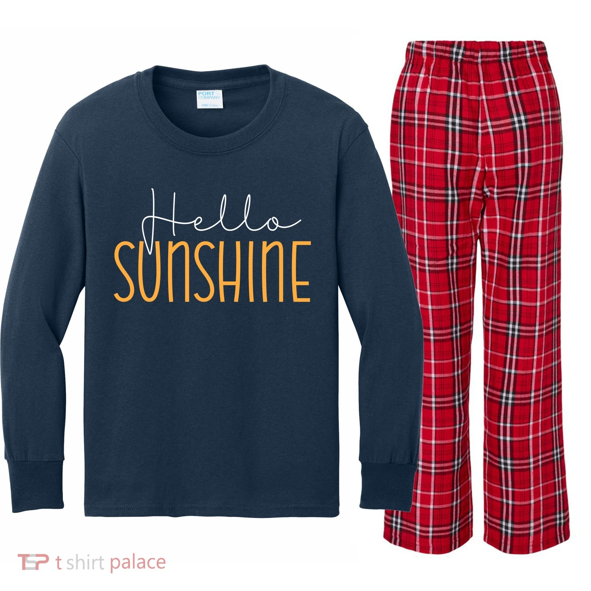 Hello Sunshine Cute Gift Kids Long Sleeve Plaid Pajama Set