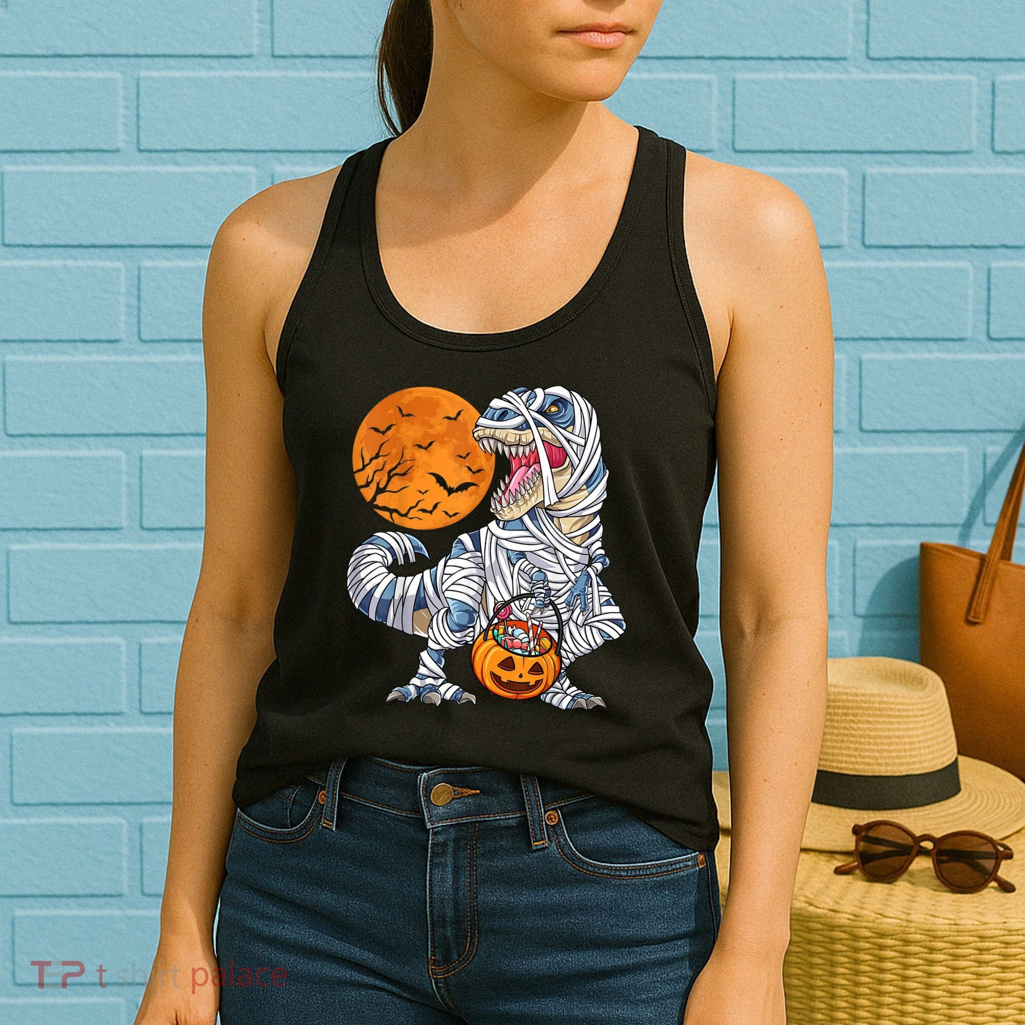 Halloween Shirts Dinosaur T Rex Mummy Pumpkin Women's Tank Top