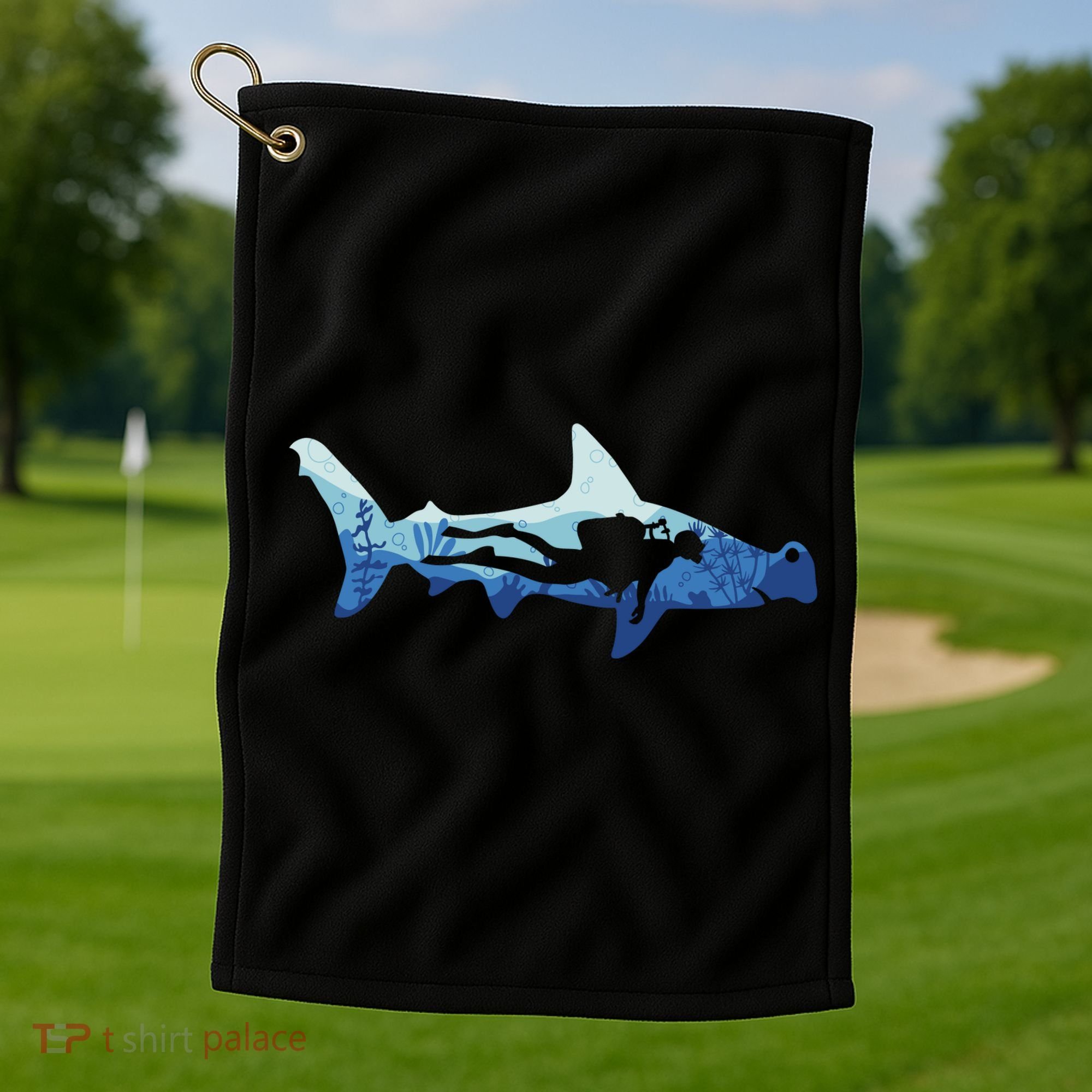 Hammerhead Shark Diver Ocean Golf Towel