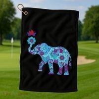 Henna Styled Elephant Lotus Flower Save The Elephants Golf Towel thumb 1