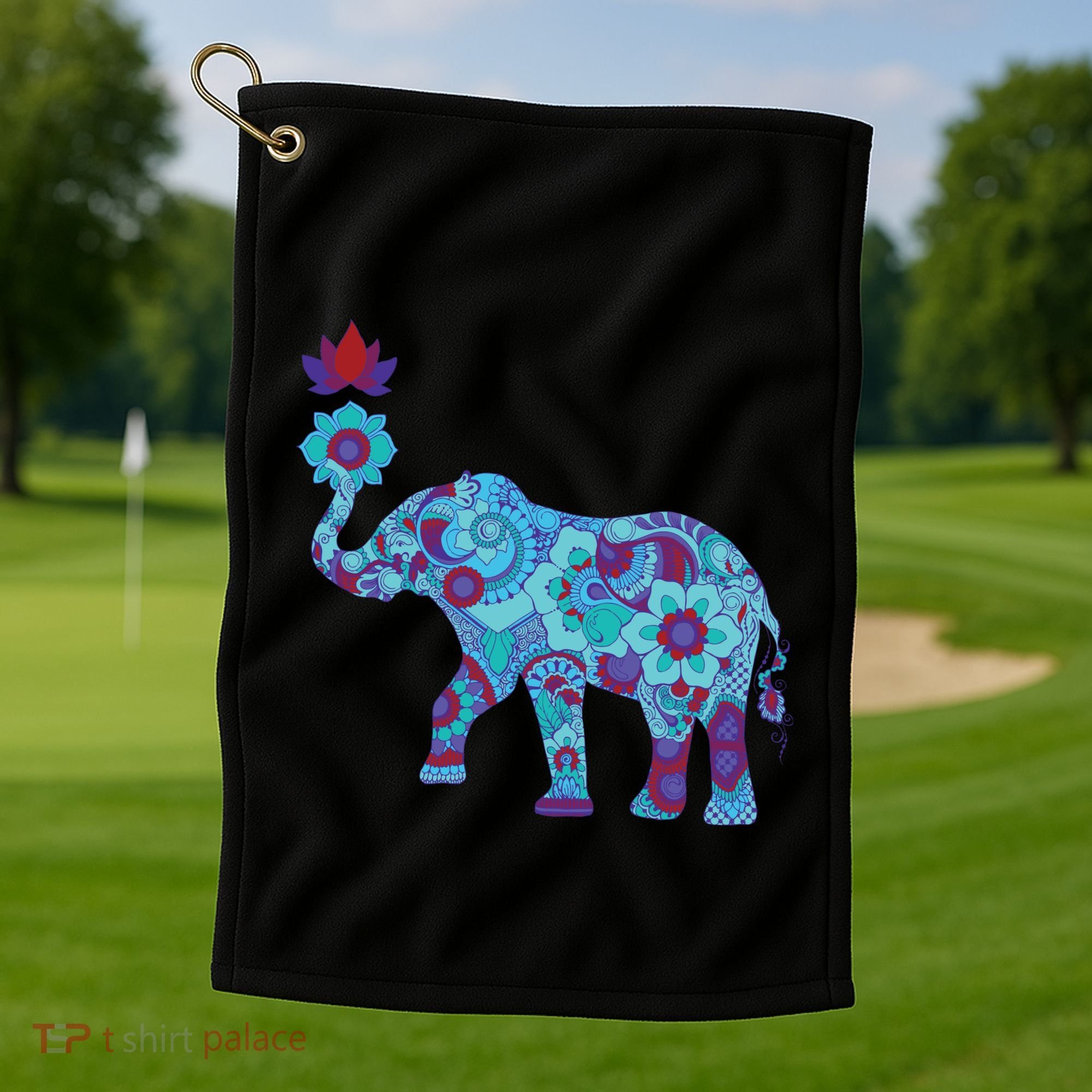 Henna Styled Elephant Lotus Flower Save The Elephants Golf Towel