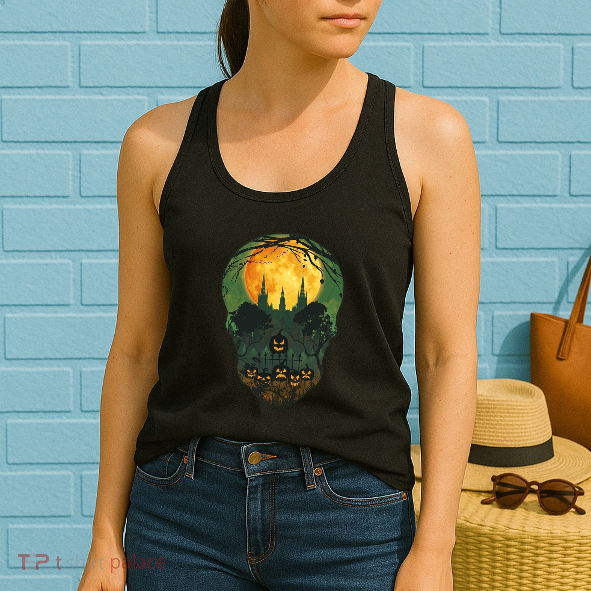 Halloween Spooky Full Moon Castle Skull Women's Tank Top