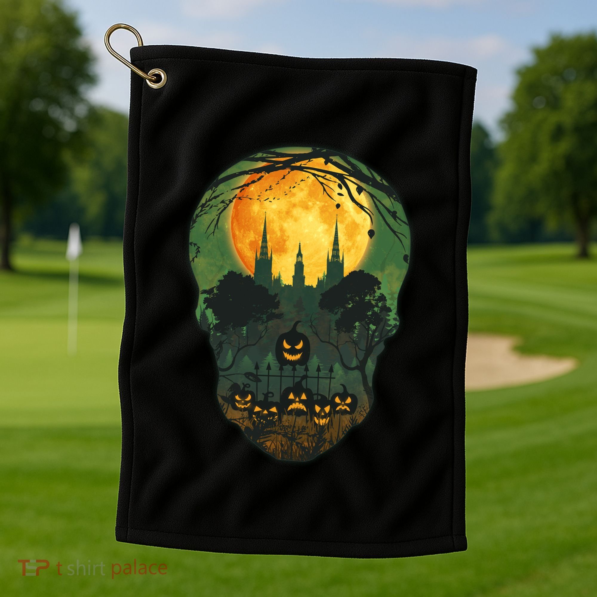 Halloween Spooky Full Moon Castle Skull Golf Towel