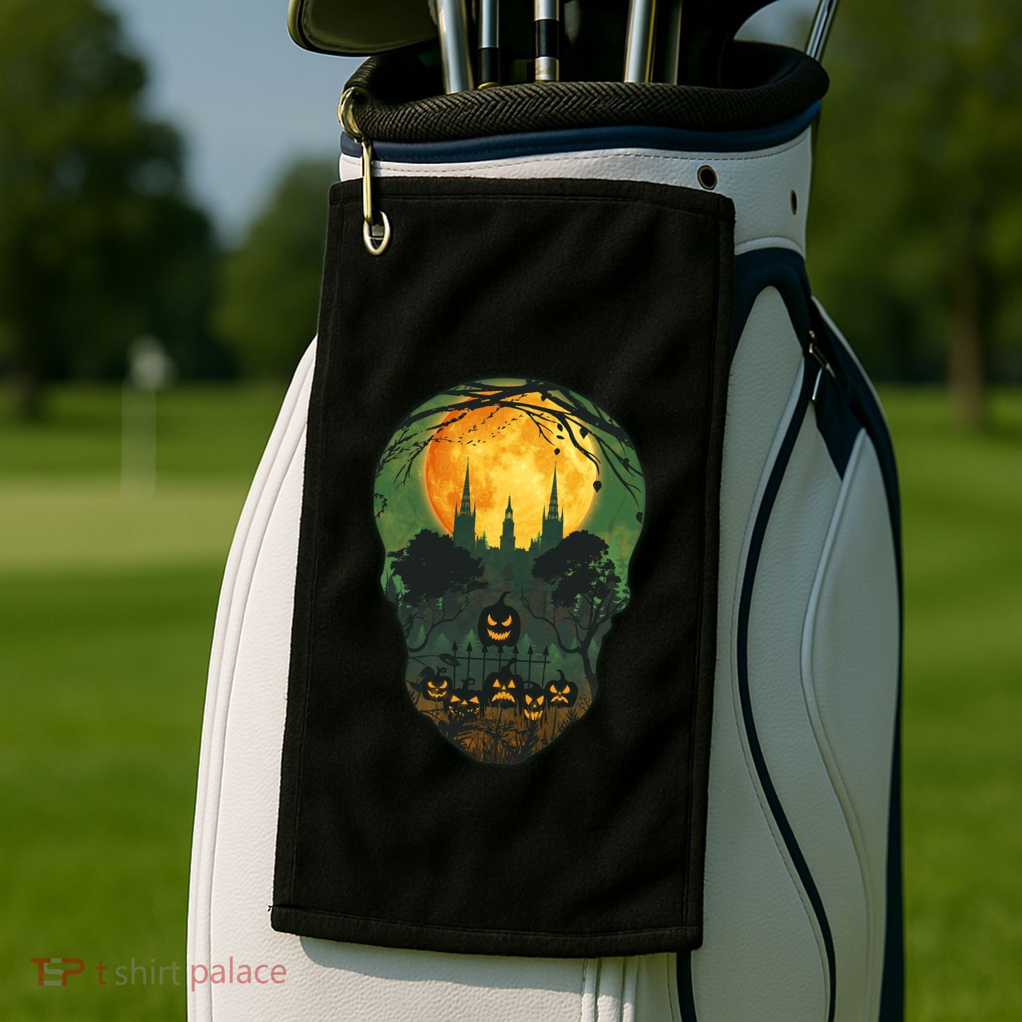 Halloween Spooky Full Moon Castle Skull Golf Towel