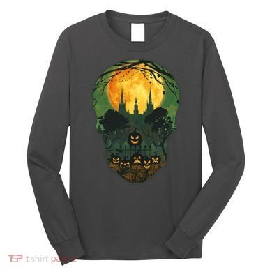 Halloween Spooky Full Moon Castle Skull Long Sleeve Shirt