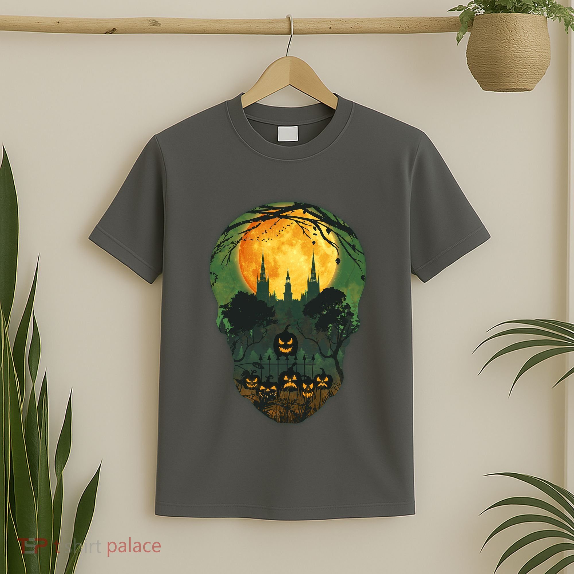 Halloween Spooky Full Moon Castle Skull T-Shirt