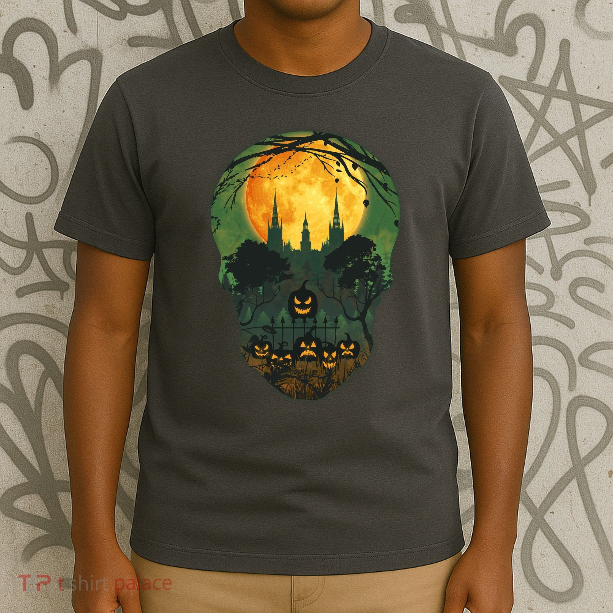 Halloween Spooky Full Moon Castle Skull T-Shirt