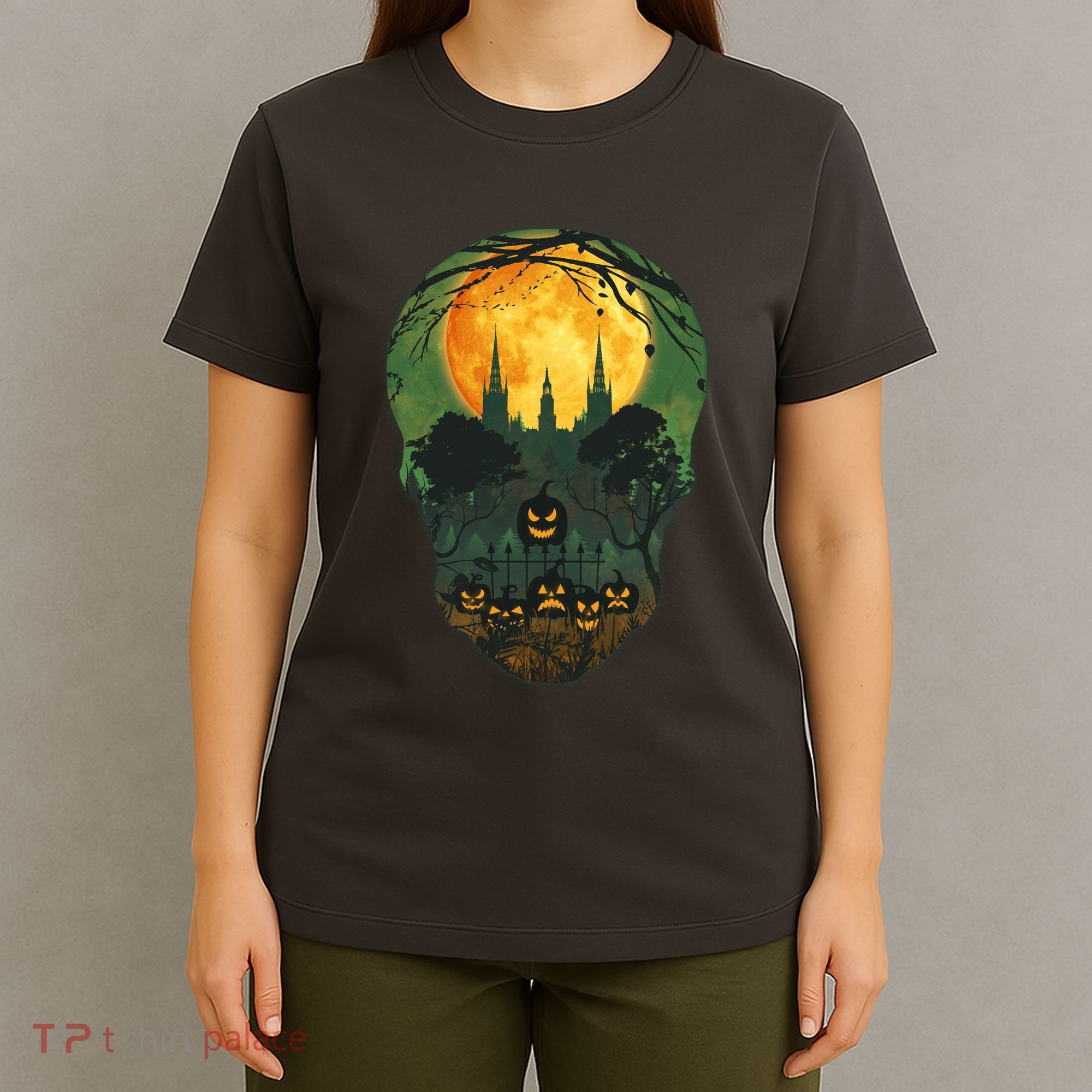 Halloween Spooky Full Moon Castle Skull T-Shirt