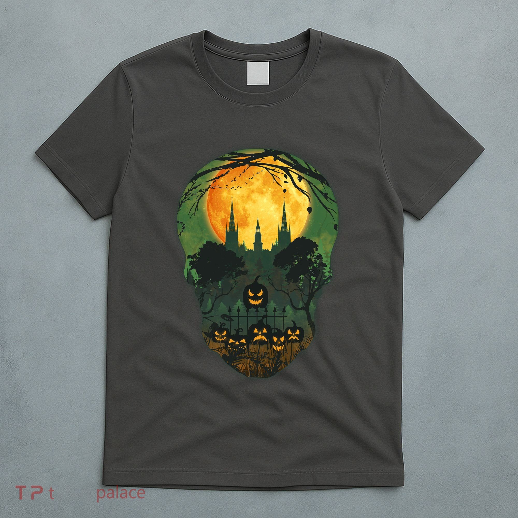 Halloween Spooky Full Moon Castle Skull T-Shirt