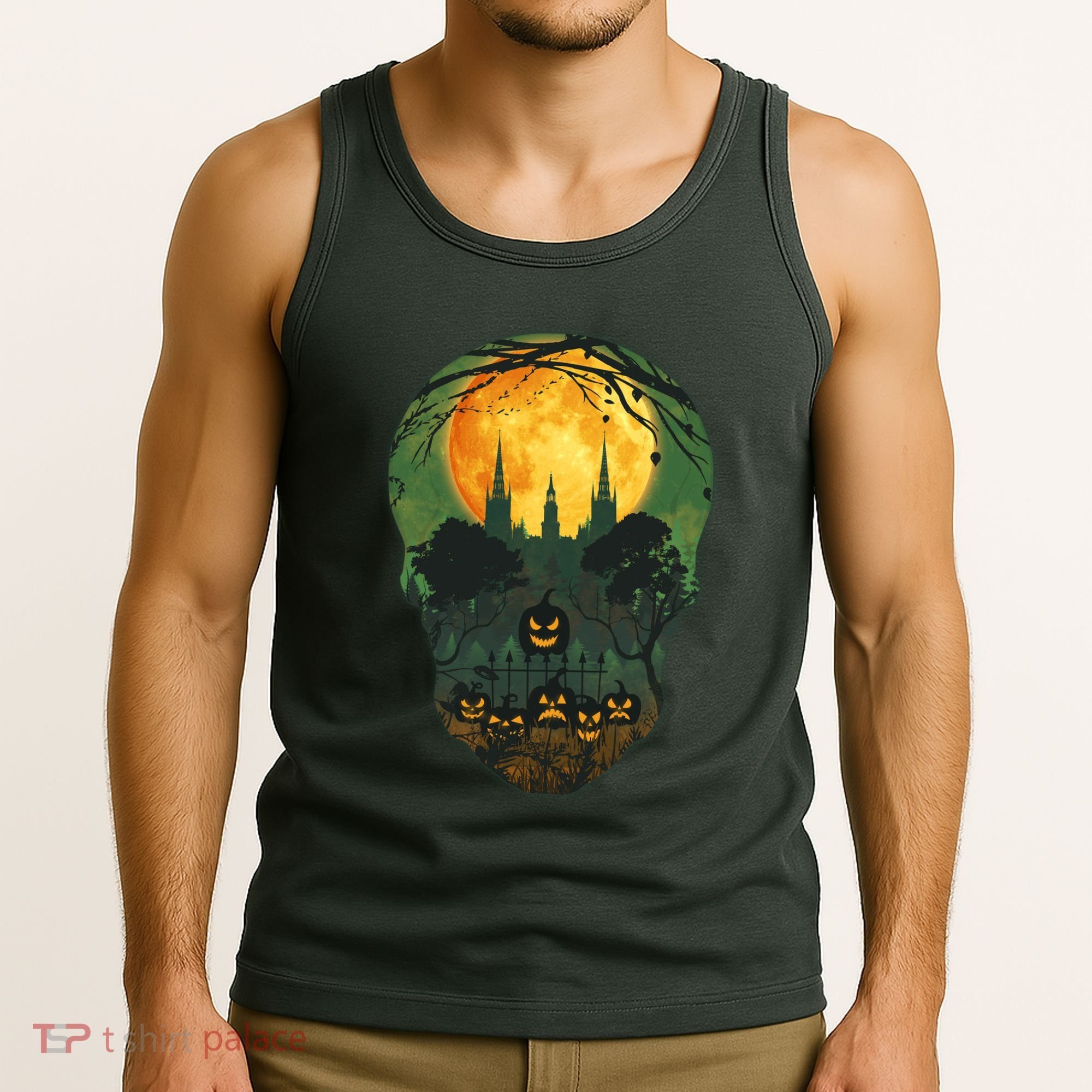 Halloween Spooky Full Moon Castle Skull Tank Top