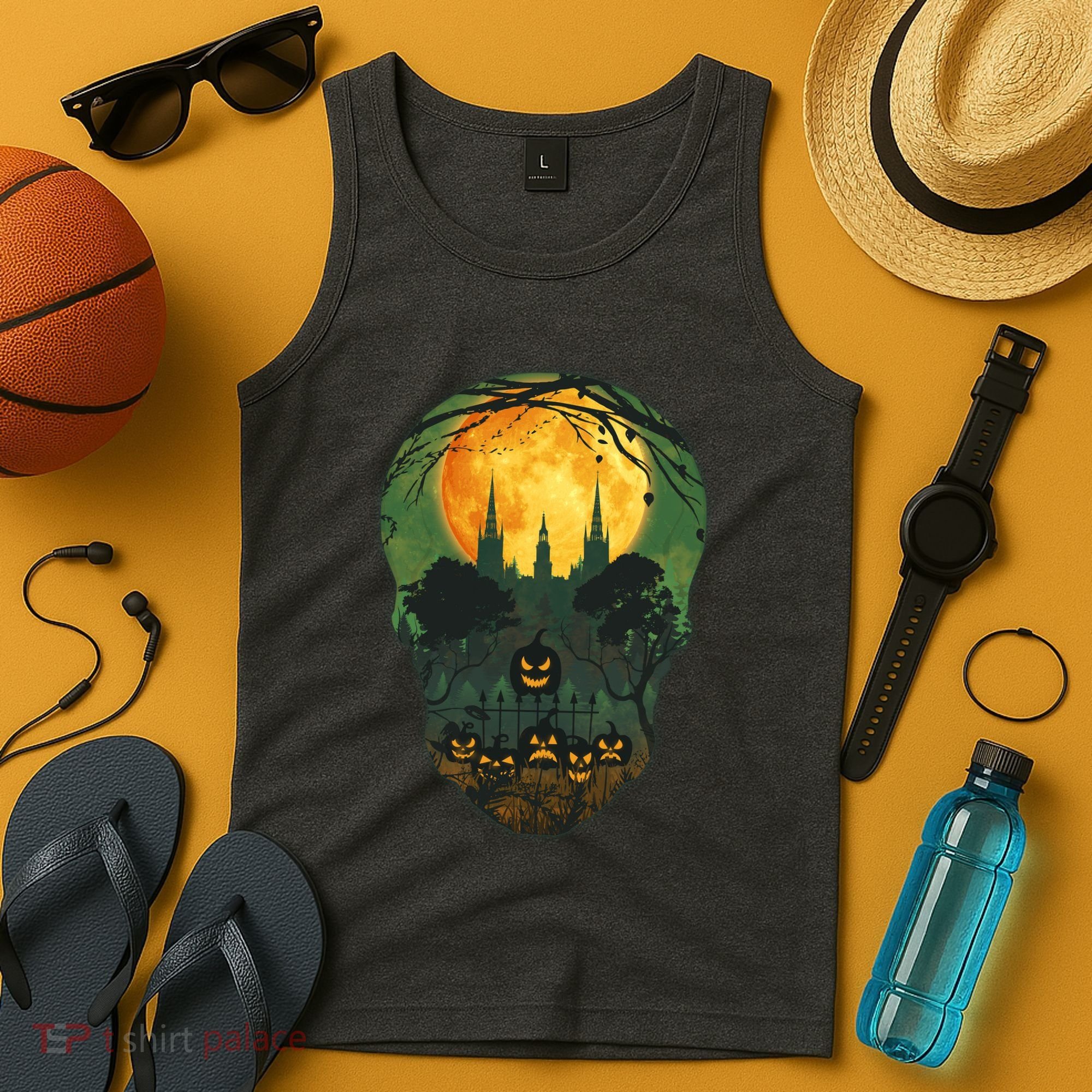 Halloween Spooky Full Moon Castle Skull Tank Top