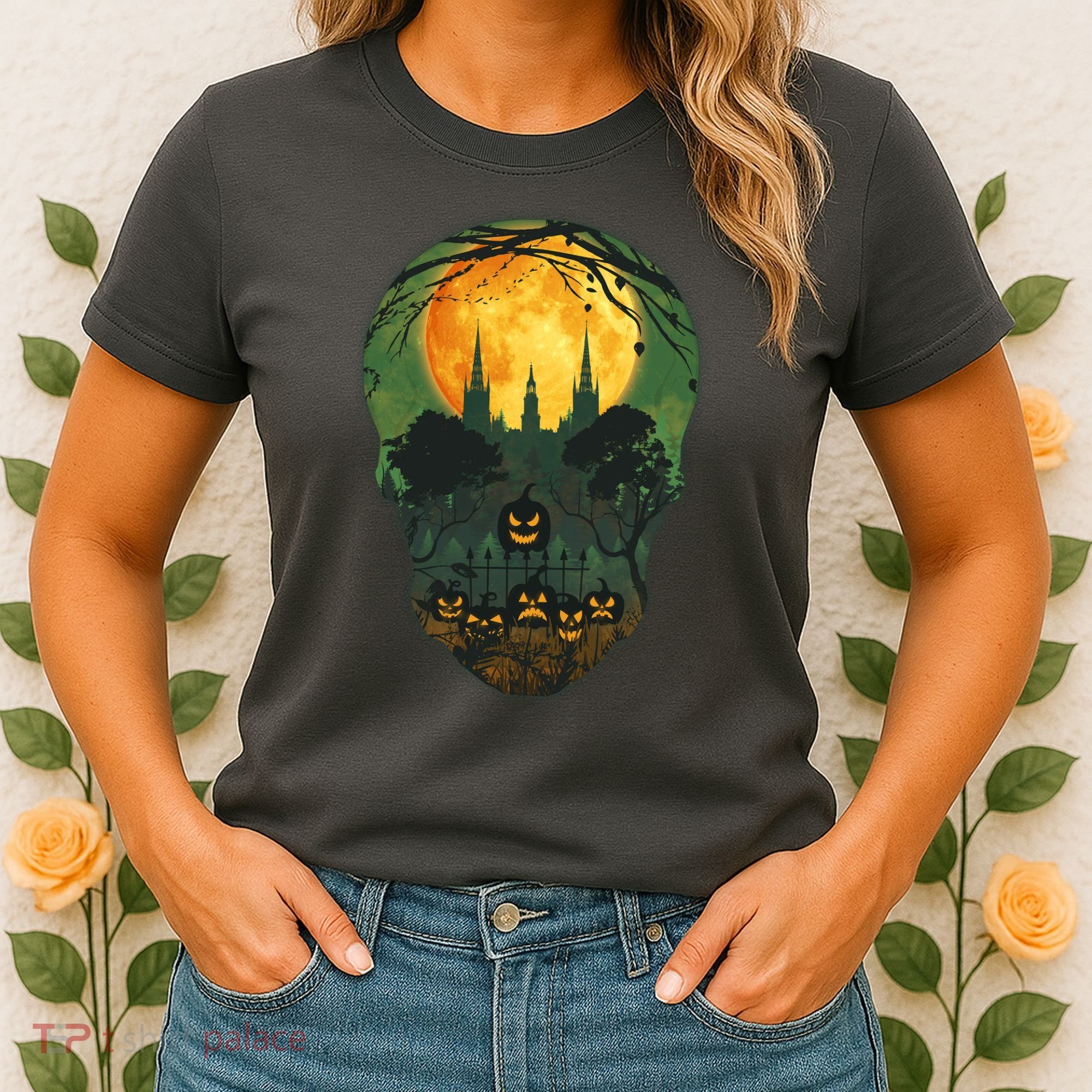Halloween Spooky Full Moon Castle Skull Women's T-Shirt